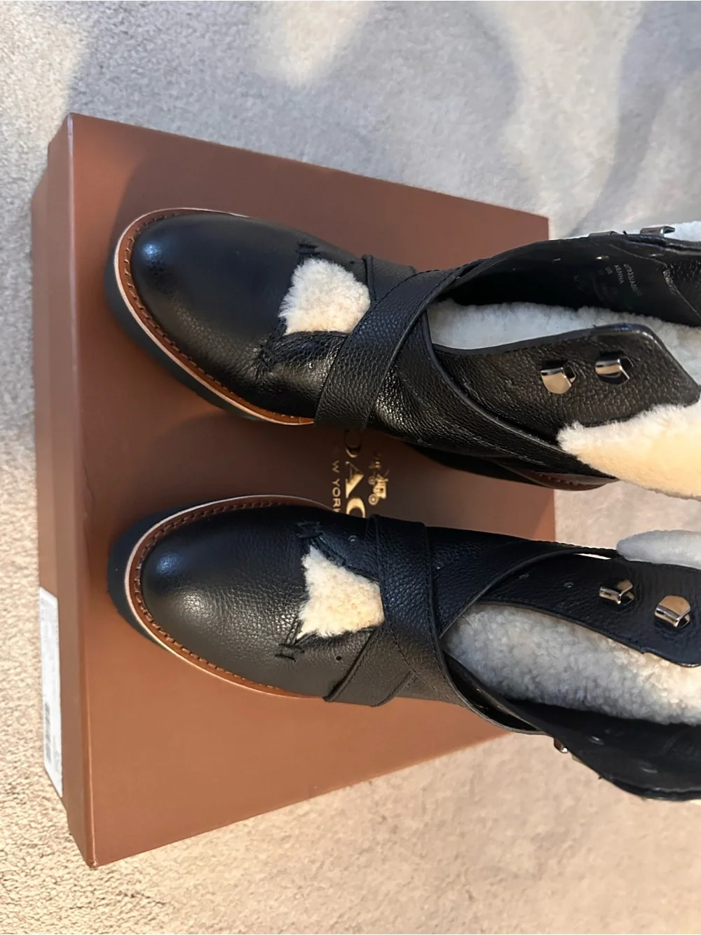 Coach Black Wedge Ankle Boots with Cream Shearling Trim